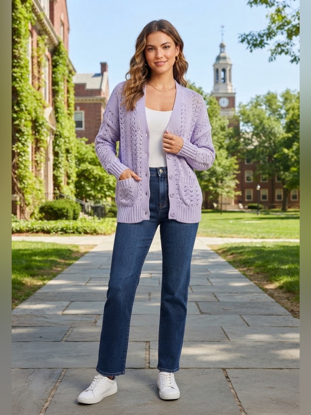 Scoop Lilac Open-Knit Pocket Cardigan Sweater Sz L (12-14)
